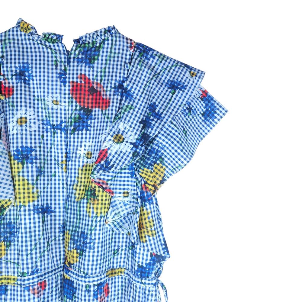 Pearl by Lela Rose Floral Gingham Dress 8 Blue White Ruffle Detail Cottagecore - Picture 7 of 15